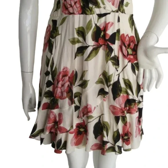 new OLIVACEOUS Mini Dress, L, White Floral, Ruffle, Surplice, Lace-up Back - Picture 7 of 14